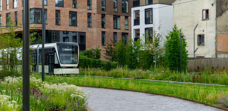 Odense, Denmark - August 06, 2022: Modern Light Rail Transit Odense Letbane Tram Moving Through Sustainable Green Urban Corridor in Denmark City Center