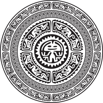 Native American vector round monochrome pattern. Geometric shapes in a circle. National ornament of the peoples of America, Maya, Aztecs, Incas.
