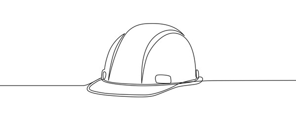 Safety helmet in one line art style. Construction hard hat drawing with editable black stroke on white background. Vector illustration.