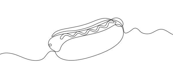 Hot dog in one line art style. Drawing of a bun with sausage and mustard, made with a continuous black stroke on a white background. Vector illustration.
