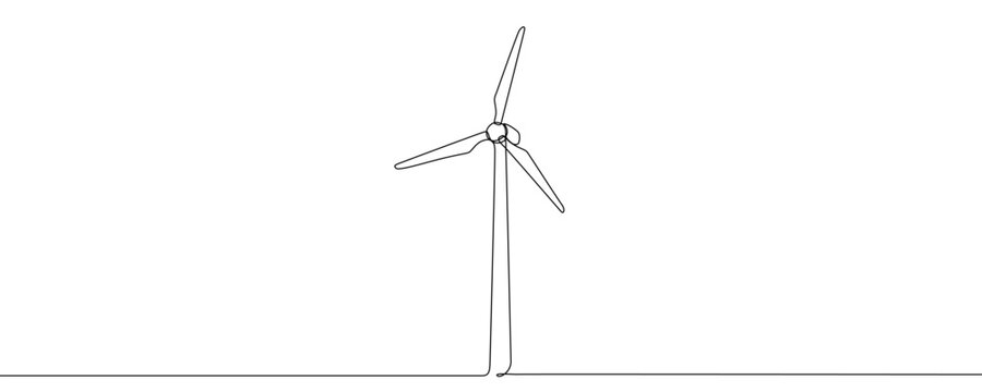 Wind turbine in one line art style. Drawing of a windmill for green energy generation with an editable black stroke on a white background. Vector illustration.