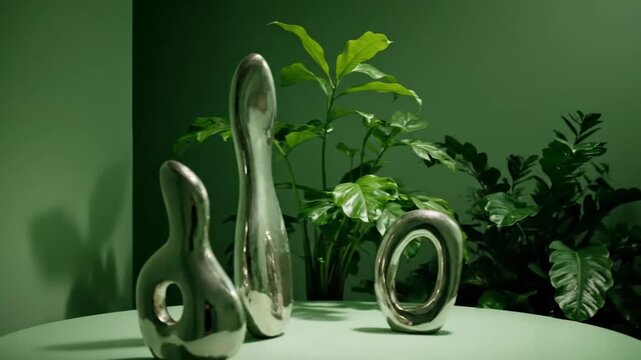 Silver decorative objects and green plant in modern interior corner