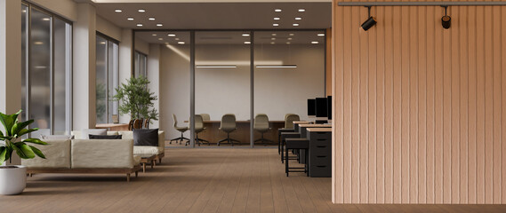 3D modern open office with a blank wooden wall and a glass meeting room.