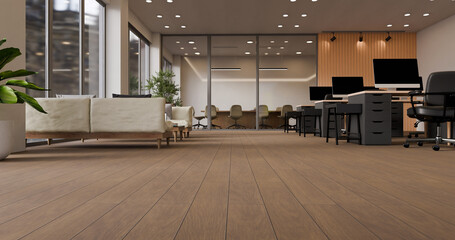 3D rendered low angle camera open office with rows of workstations, chairs, and glass partition meeting rooms