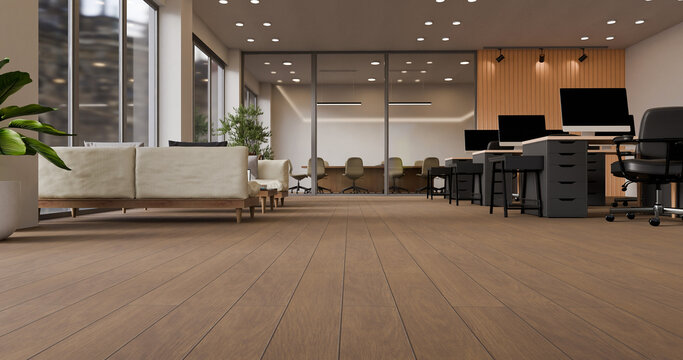 3D rendered low angle camera open office with rows of workstations, chairs, and glass partition meeting rooms