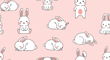 Fototapeta premium Cute white bunny vector seamless pattern on pink background, sleeping and sitting rabbits, kawaii animal illustration