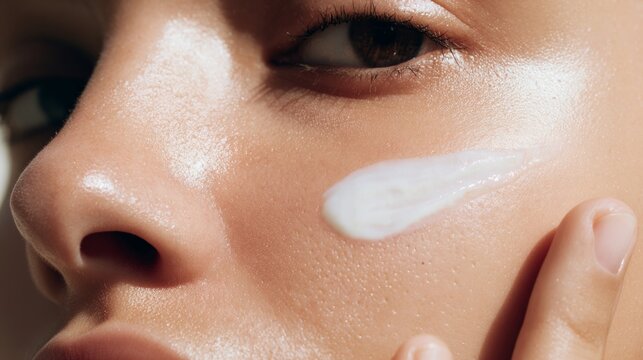 A woman is applying makeup to her face