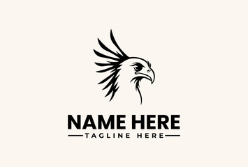 Fototapeta premium A minimalist illustration of an eagle's head logo with bold text and a tagline on a clean white background, ideal for branding and advertising.