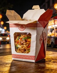 Chinese chow mein takeaway box, street stall night, warm bokeh lights, realistic texture