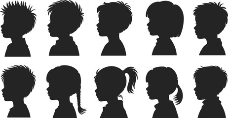 Children head profile silhouettes collection, boys and girls side view portraits with different hairstyles, black vector icons set © Sohagh's World