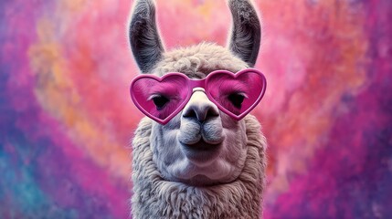 Obraz premium Fluffy llama wearing pink heart-shaped sunglasses loving life, copy space