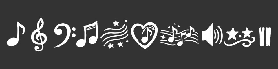 Artistic hand-drawn white musical notes and symbols doodle on a dark background. Creative chalk style banner for music lovers. © Nort Kor