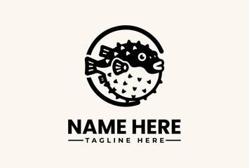 Black and white illustration of a pufferfish within a circle, accompanied by placeholder text for a name and tagline on a clean background. © vectorvovdesign