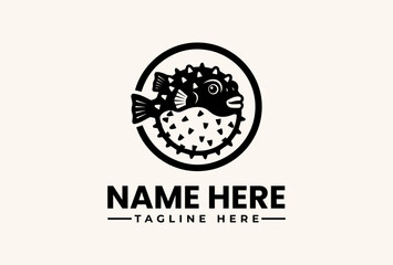 A black and white illustration of a pufferfish logo with a circular frame and text placeholder on a clean background.