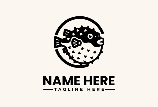 Black and white illustration of a pufferfish within a circle, accompanied by placeholder text for a name and tagline on a clean background.