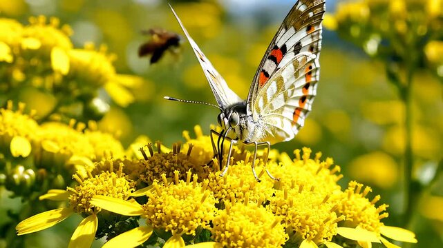 Butterfly Flapping Wings, Sits on Yellow Flower Collecting Pollen in Nature
