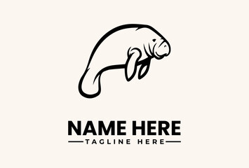 Obraz premium A minimalist line art illustration of a manatee swimming, accompanied by a logo template with placeholder text on a clean background.