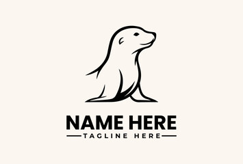 A simple black line art illustration of a seal sitting upright with a placeholder name and tagline on a plain beige background, featuring a logo and vector icon design. © vectorvovdesign