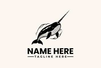 Black and white illustration of a narwhal logo with a stylized wave design, accompanied by placeholder text on a clean background. © vectorvovdesign