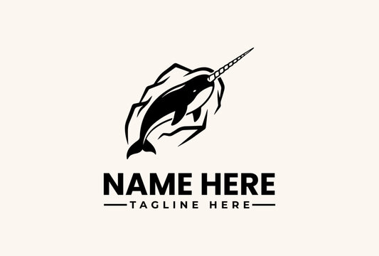 Black and white illustration of a narwhal logo with a wave, accompanied by placeholder text on a beige background.