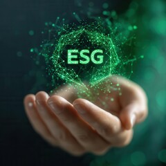 Environmental Social and Governance concept, hand holding glowing green ESG icon on dark digital network background