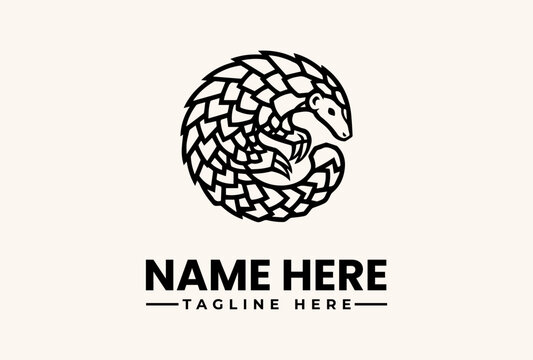 Black vector illustration of a pangolin curled up in a circle with a placeholder name and tagline on a beige background.