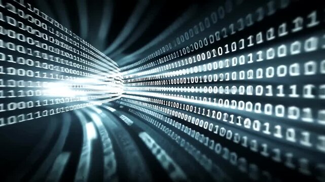 Abstract representation of data flow with binary code, flowing through a digital tunnel in blue hues