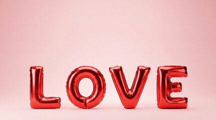 red foil balloon letters spelling the word love on a soft pink studio background for valentine's day or romantic celebration