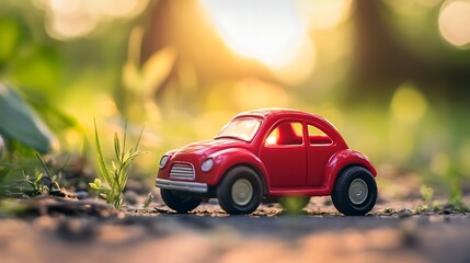 A small childs toy car set sits outside in the summer ready to be played with