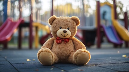 A soft toy bear sits on the playground