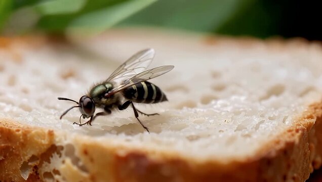 Close-up of a fly perched on a slice of bread against a blurred green background