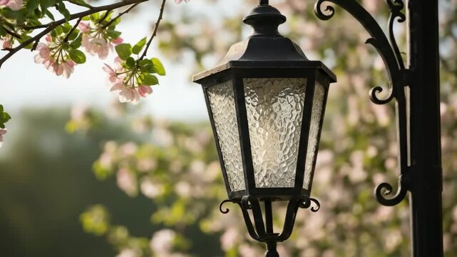 Blooming tree branch with white and pink flowers near vintage street lamp post in spring park for nature and light concept