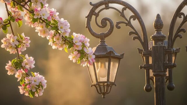 Blooming tree branch with white and pink flowers near vintage street lamp post in spring park for nature and light concept