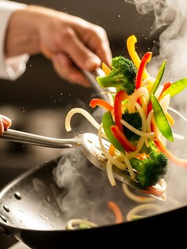 Vibrant stir-fry creation in motion, sizzling freshness on the stove