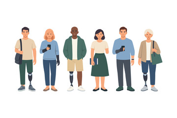 Fototapeta premium Diverse group of individuals with prosthetics and assistive devices standing together