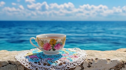 A teacup stands on a colorful doily on a wall outdoors with a blue sea and blue sky behind