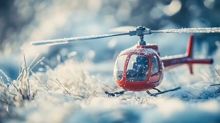 A toy helicopter in the snow covered grass