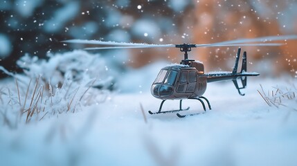 A toy helicopter in the snow covered grass