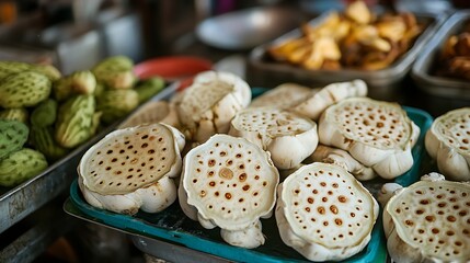 A tray of fresh lotus roots at the local food market