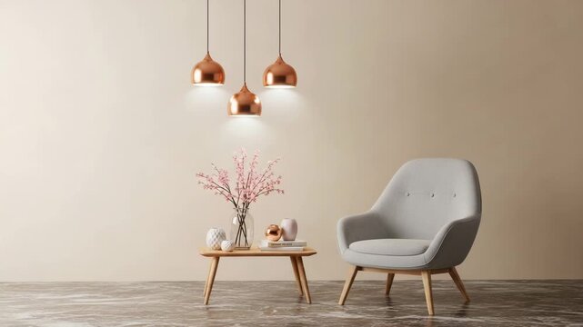 Modern living room interior with gray chair, wooden table, copper lights, and pink flowers on a beige background