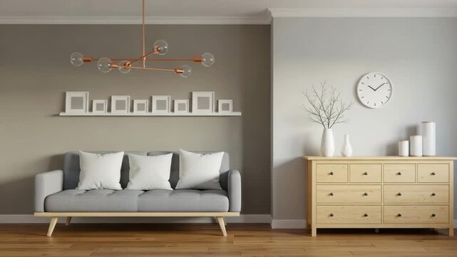 Modern living room interior with gray sofa, wooden dresser, and copper chandelier on hardwood floor with white pillows and clock on wall