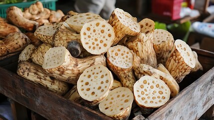 A tray of fresh lotus roots at the local food market