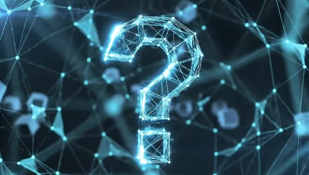 Glowing blue question mark in futuristic network of lines and nodes