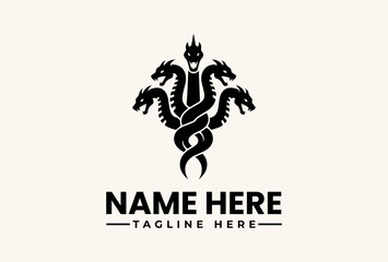 Fototapeta premium A black vector illustration of a dragon logo with intertwined snakes and a crown, set against a clean white background with space for a name and tagline.