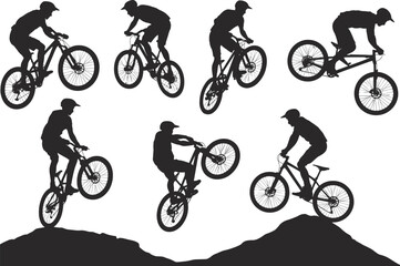 Fototapeta premium Mountain bike rider silhouettes set, cyclists performing jumps and tricks, black vector icons collection for extreme sports illustration
