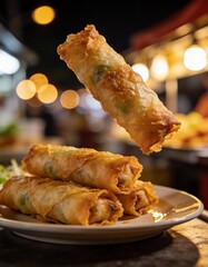 Spring rolls crispy plate, night food stall lights, bokeh background, great detail