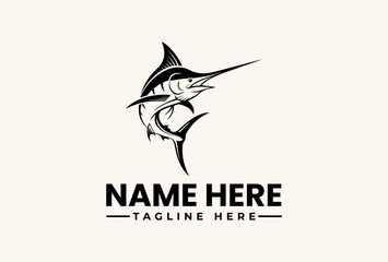 Fototapeta premium A black and white illustration of a marlin fish logo with a customizable name and tagline on a clean background.