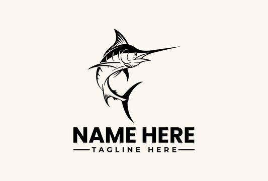A vector illustration of a marlin fish logo with a bold, modern design on a clean white background, featuring placeholder text for a company name and tagline.
