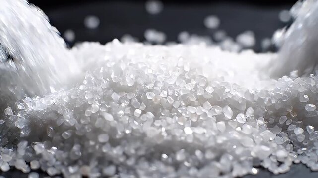Close-up view of white crystalline granules, possibly salt or sugar, being poured onto a dark surface, creating a sparkling pile.