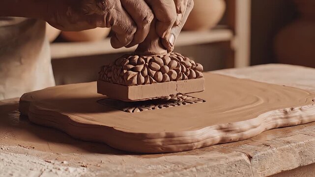 Hands pressing a patterned stamp into a flat piece of wet clay in a pottery workshop.